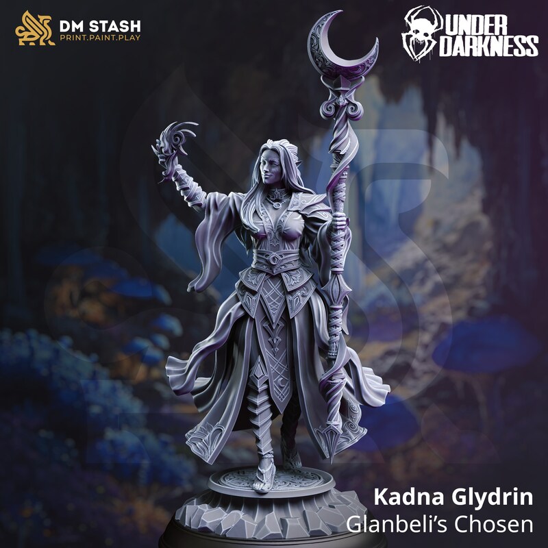 Elf Moon Cleric from DM Stash's Under Darkness set. Total height apx. 61mm. Unpainted resin miniature